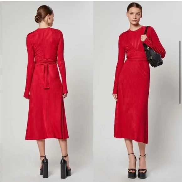 Altuzarra Masika Midi Ribbed Wrap Dress in Burnt Red Long Sleeve Size 38 (US6) - Picture 3 of 9